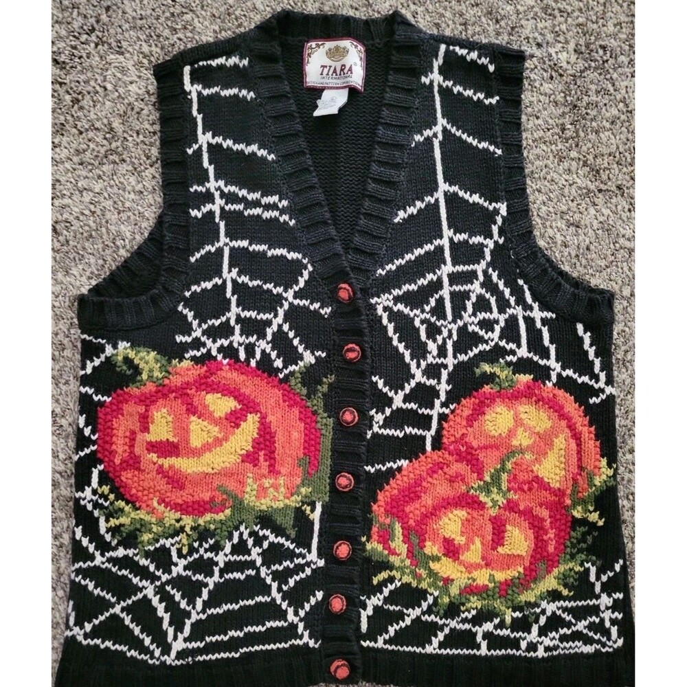 Vintage Tiara Cottage Embroidered Knit Sweater Vest Halloween Women's Large 90's - Picture 3 of 9